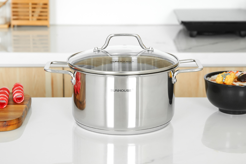 Bộ nồi quánh inox 5 đáy nắp kính Sunhouse SHG601 Màu Inox