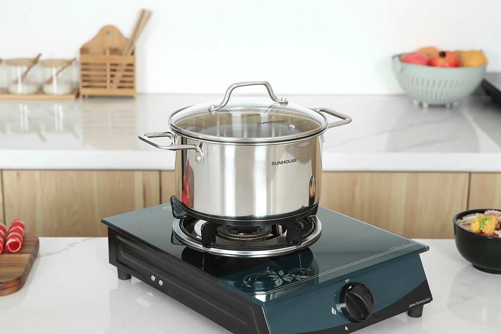 Bộ nồi quánh inox 5 đáy nắp kính Sunhouse SHG601 Màu Inox