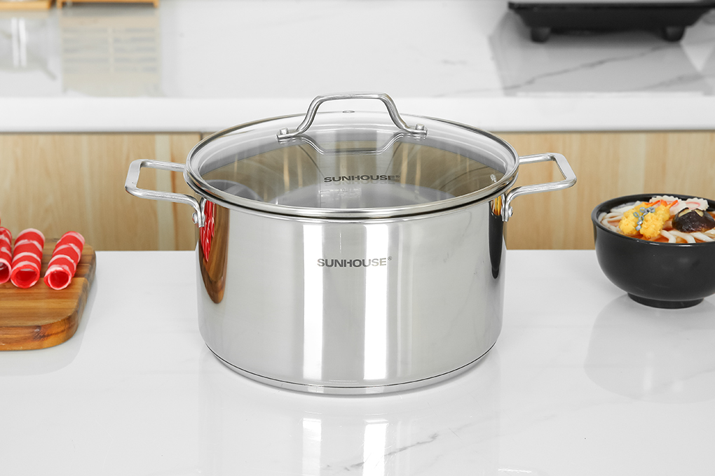 Bộ nồi quánh inox 5 đáy nắp kính Sunhouse SHG601 Màu Inox