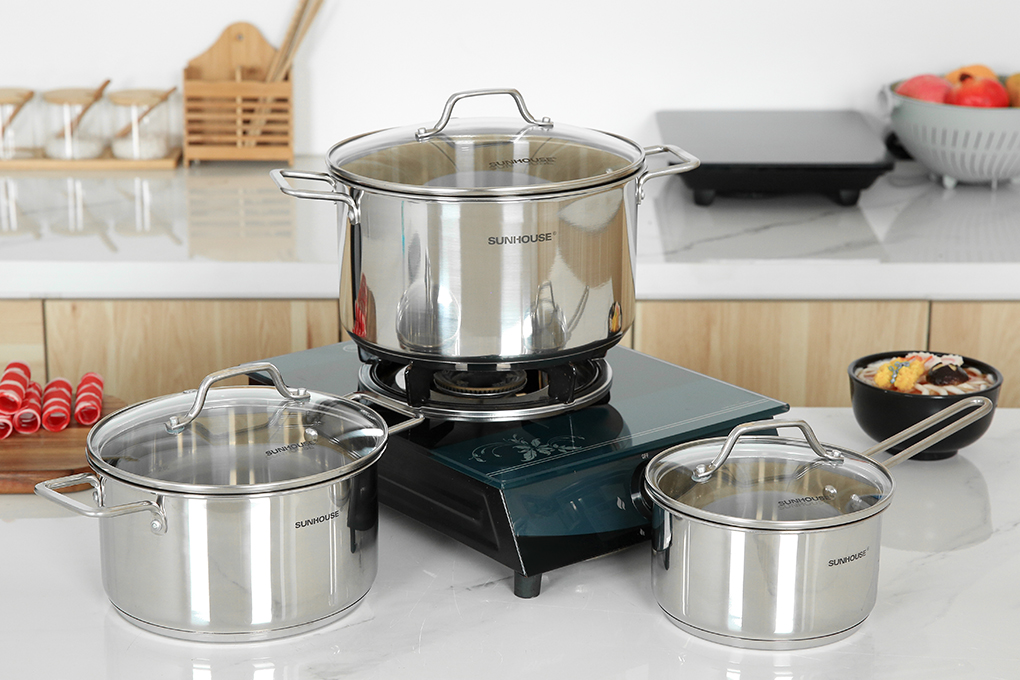 Bộ nồi quánh inox 5 đáy nắp kính Sunhouse SHG601 Màu Inox