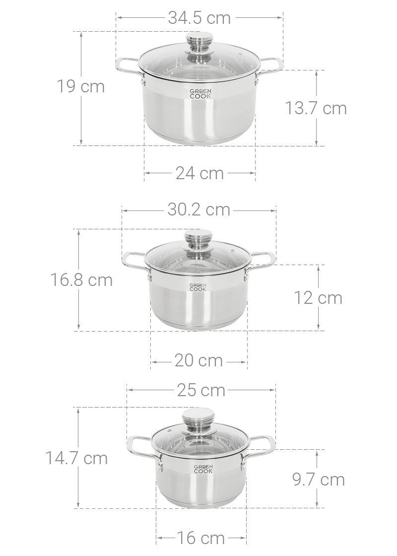 Bộ 3 nồi inox 5 đáy nắp kính Green Cook GCS232-T1