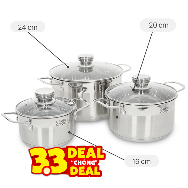 Bộ 3 nồi inox 5 đáy Green Cook GCS232-T1