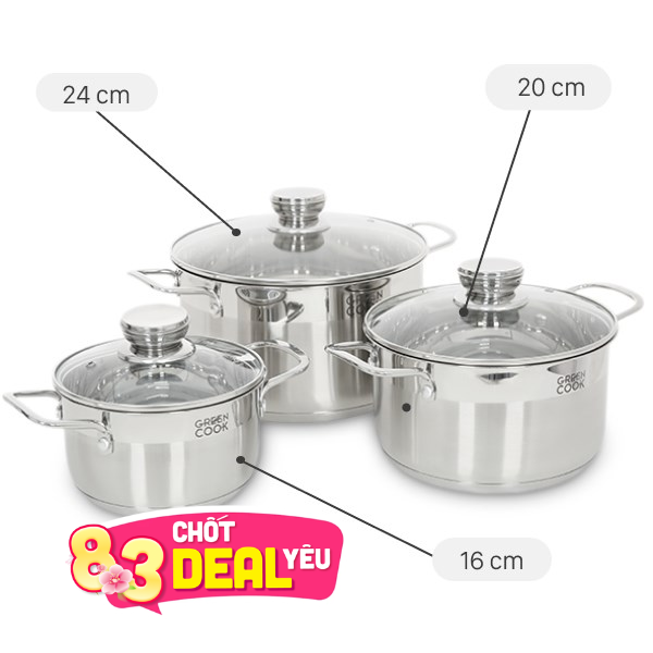 Bộ 3 nồi inox 5 đáy Green Cook GCS232-T1