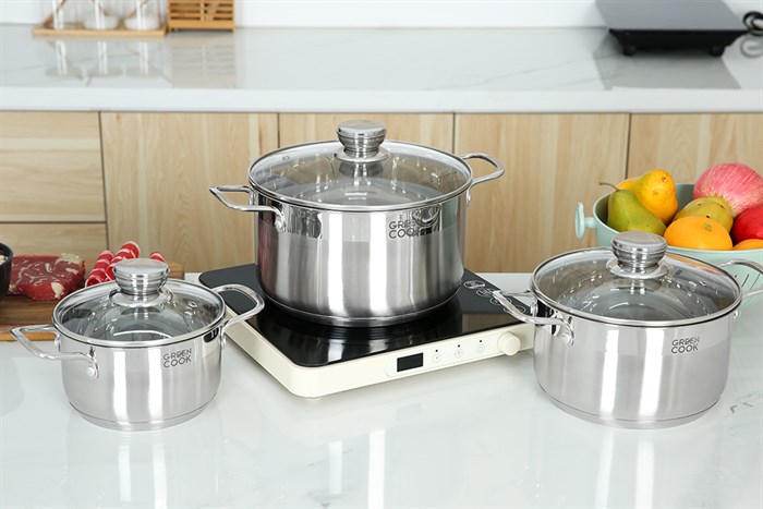 Bộ 3 nồi inox 5 đáy nắp kính Green Cook GCS232-T1 Màu Inox