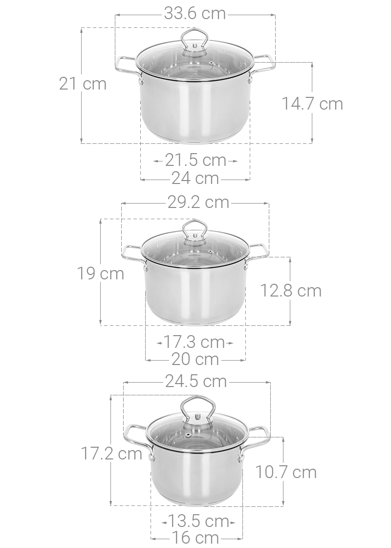 Bộ 3 nồi inox 3 đáy nắp kính Delites CW-B007-1