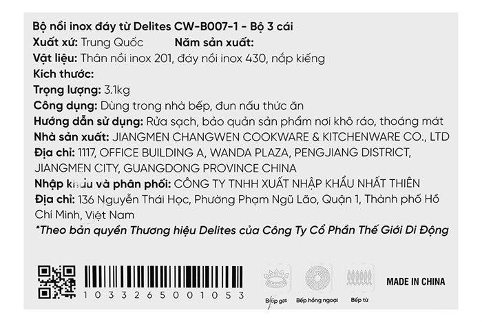Bộ 3 nồi inox 3 đáy nắp kính Delites CW-B007-1 Màu Inox