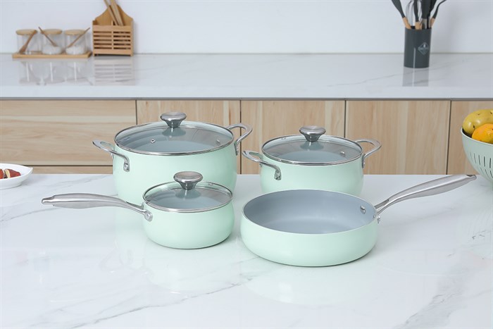 Bộ nồi chảo quánh nhôm chống dính nắp kính Green Cook GCS242-T1