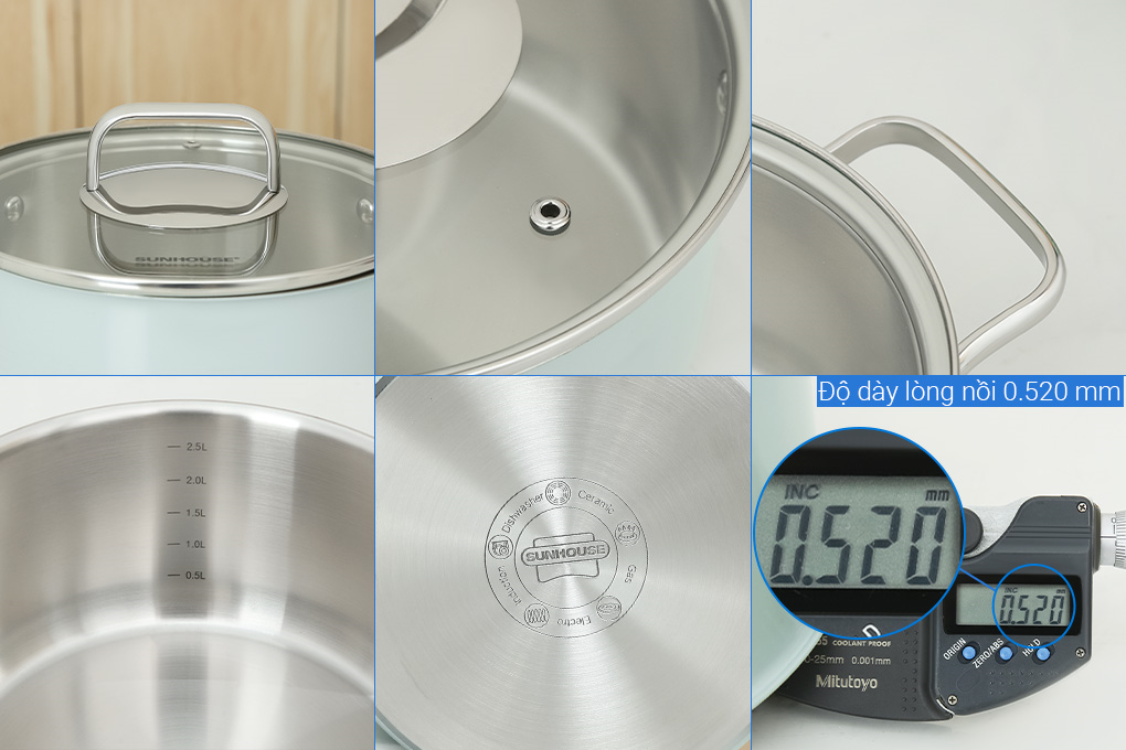 Bộ nồi chảo quánh inox 3 đáy nắp kính Sunhouse SHG608 Màu Xanh lá