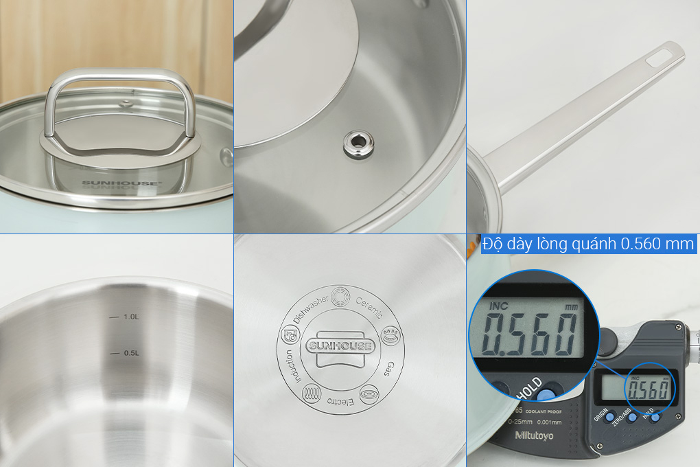 Bộ nồi chảo quánh inox 3 đáy nắp kính Sunhouse SHG608 Màu Xanh lá