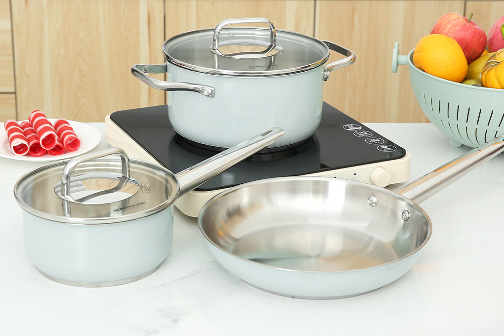 Bộ nồi chảo quánh inox 3 đáy nắp kính Sunhouse SHG608 Màu Xanh lá