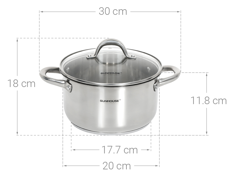 Nồi inox 3 đáy nắp kính 20 cm Sunhouse SHG308-20