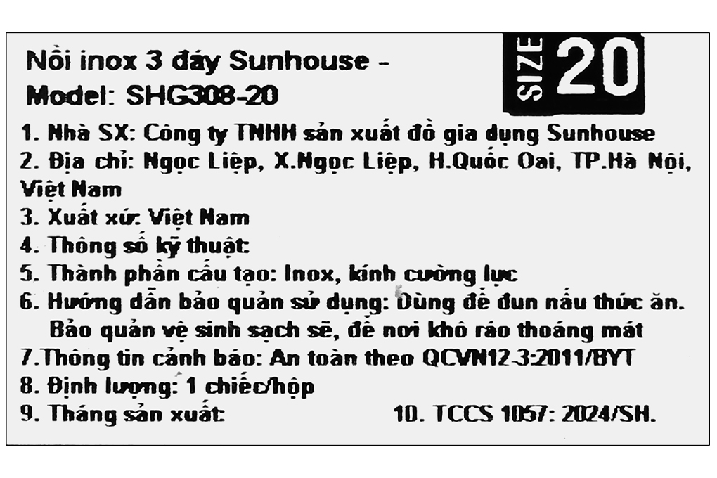 Nồi inox 3 đáy nắp kính 20 cm Sunhouse SHG308-20 Màu Inox