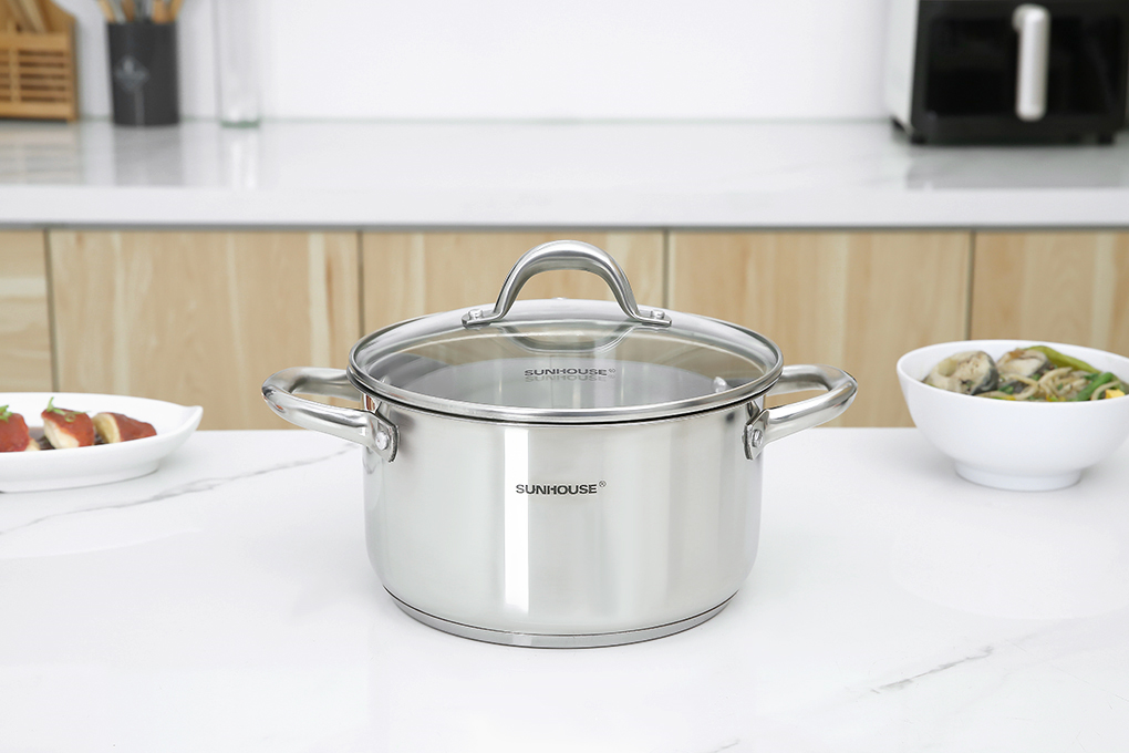 Nồi inox 3 đáy nắp kính 20 cm Sunhouse SHG308-20 Màu Inox