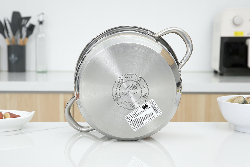 Nồi inox 3 đáy nắp kính 20 cm Sunhouse SHG308-20 Màu Inox