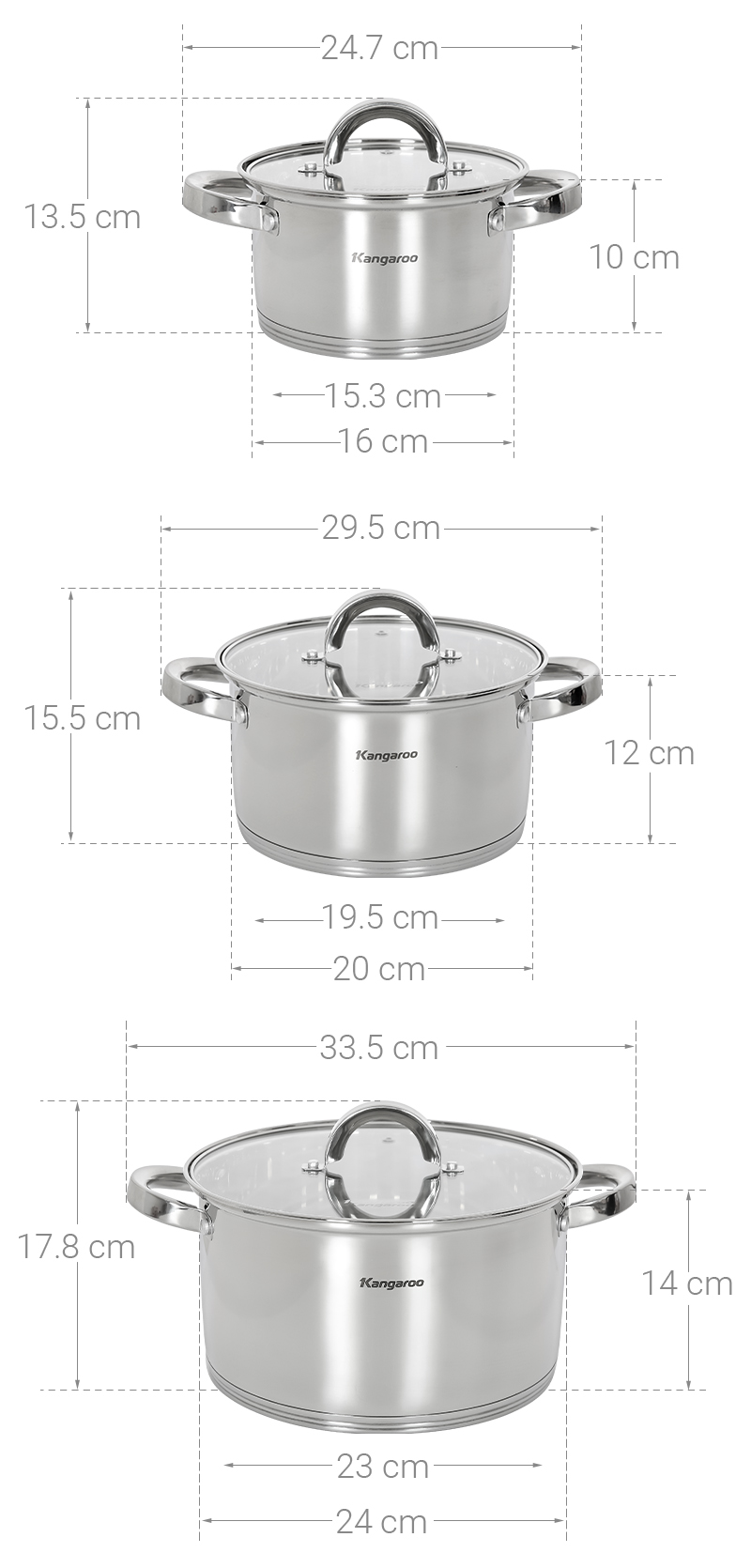 Bộ 3 nồi inox 5 đáy nắp kính Kangaroo KG2IP3S1