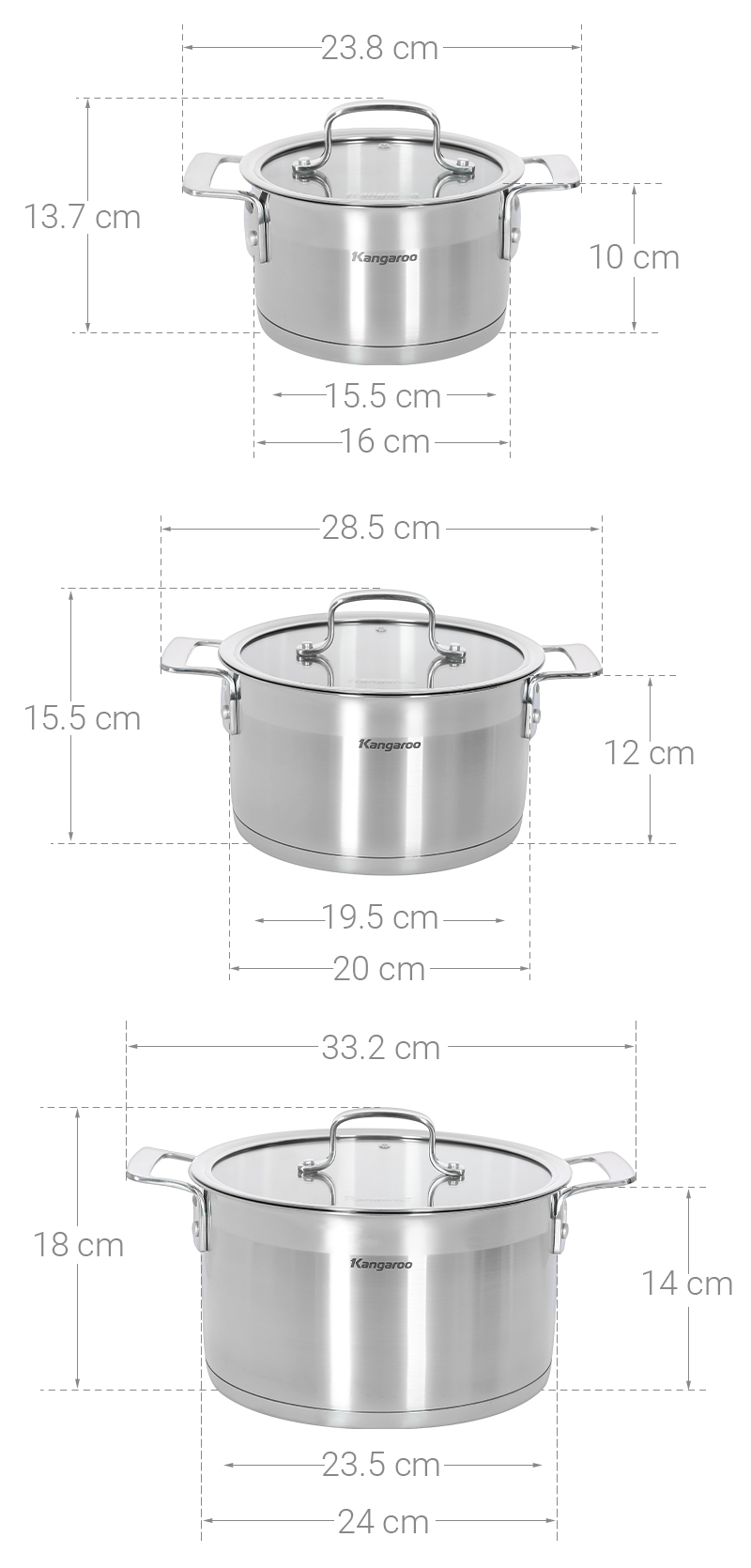 Bộ 3 nồi inox 5 đáy nắp kính Kangaroo KG2IP3S5