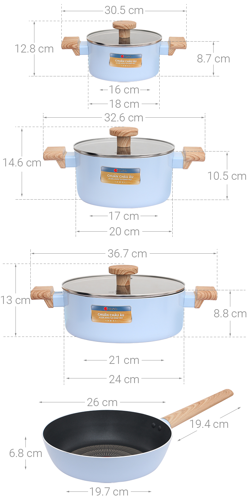 Bộ nồi chảo nhôm chống dính nắp kính Elmich Nature EL-5206MG04