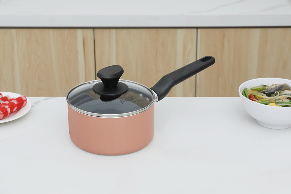 Quánh nhôm chống dính nắp kính 16 cm Delites QCDE16 Màu Cam Hồng