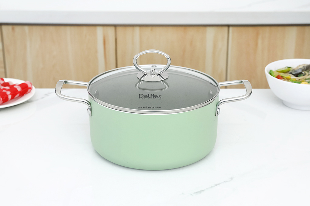 Nồi nhôm chống dính nắp kính 20 cm Delites NDE20 Màu Xanh mint
