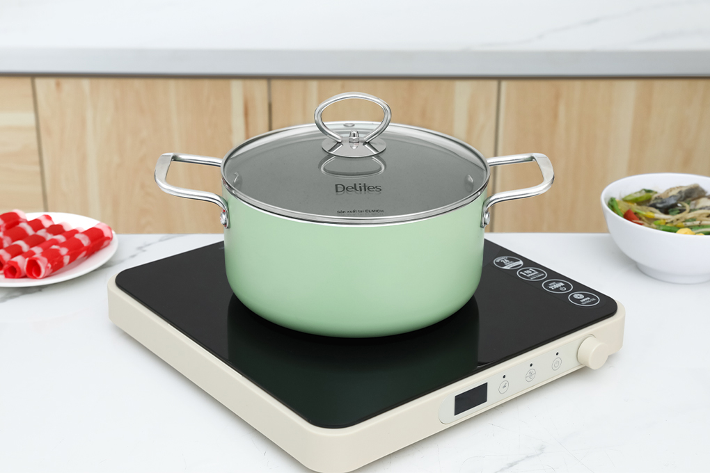 Nồi nhôm chống dính nắp kính 20 cm Delites NDE20 Màu Xanh mint