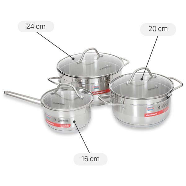 Bộ nồi quánh inox 5 đáy nắp kính Sunhouse SHG669