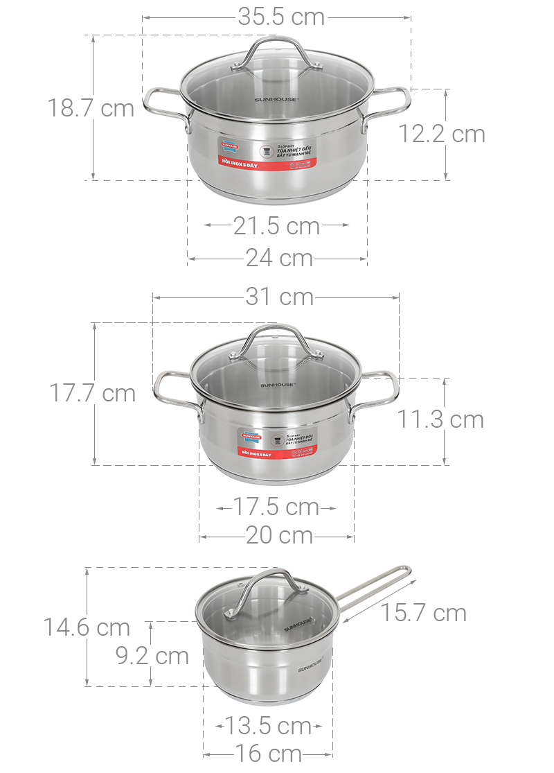 Bộ nồi quánh inox 5 đáy nắp kính Sunhouse SHG669
