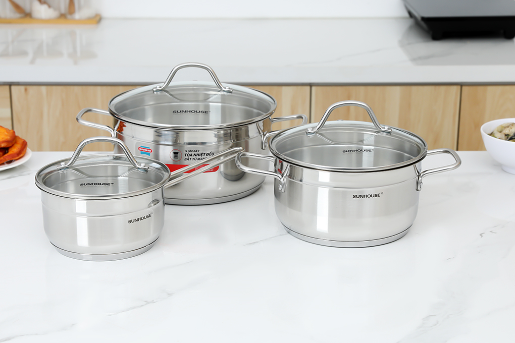 Bộ nồi quánh inox 5 đáy nắp kính Sunhouse SHG669 Màu Inox