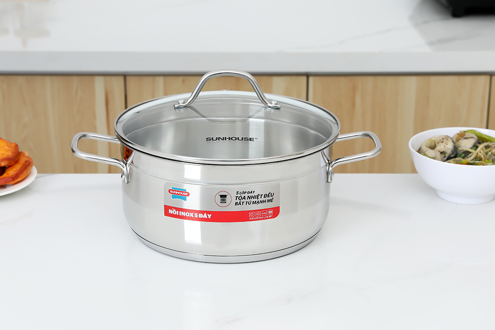 Bộ nồi quánh inox 5 đáy nắp kính Sunhouse SHG669 Màu Inox