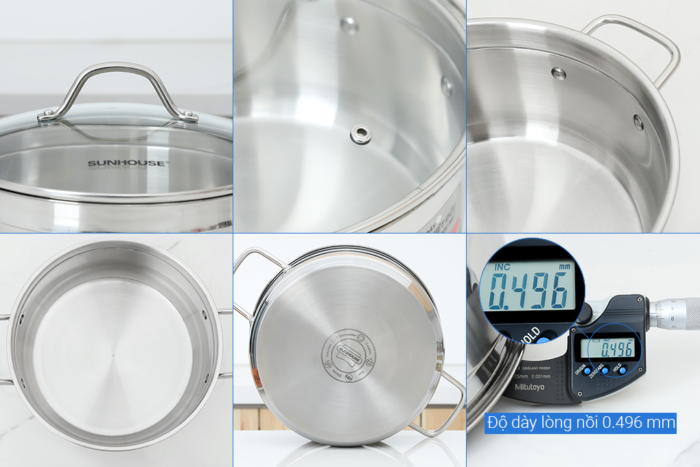 Bộ nồi quánh inox 5 đáy nắp kính Sunhouse SHG669 Màu Inox