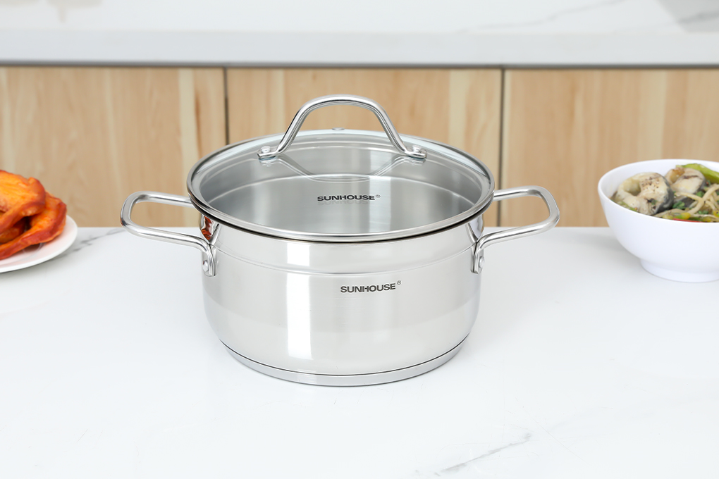 Bộ nồi quánh inox 5 đáy nắp kính Sunhouse SHG669 Màu Inox