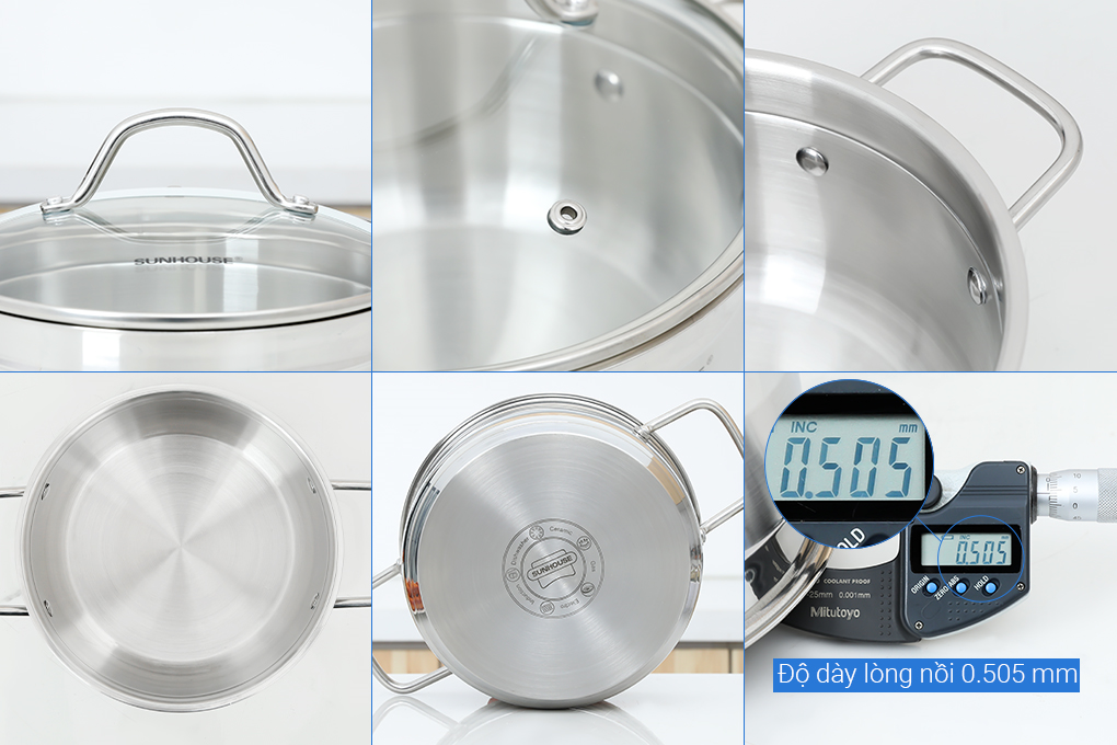 Bộ nồi quánh inox 5 đáy nắp kính Sunhouse SHG669 Màu Inox