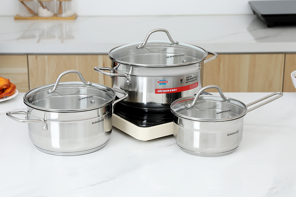 Bộ nồi quánh inox 5 đáy nắp kính Sunhouse SHG669 Màu Inox