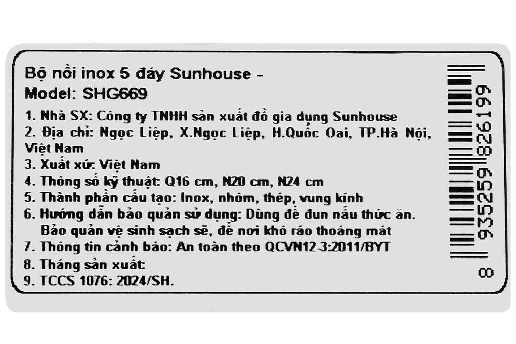 Bộ nồi quánh inox 5 đáy nắp kính Sunhouse SHG669 Màu Inox