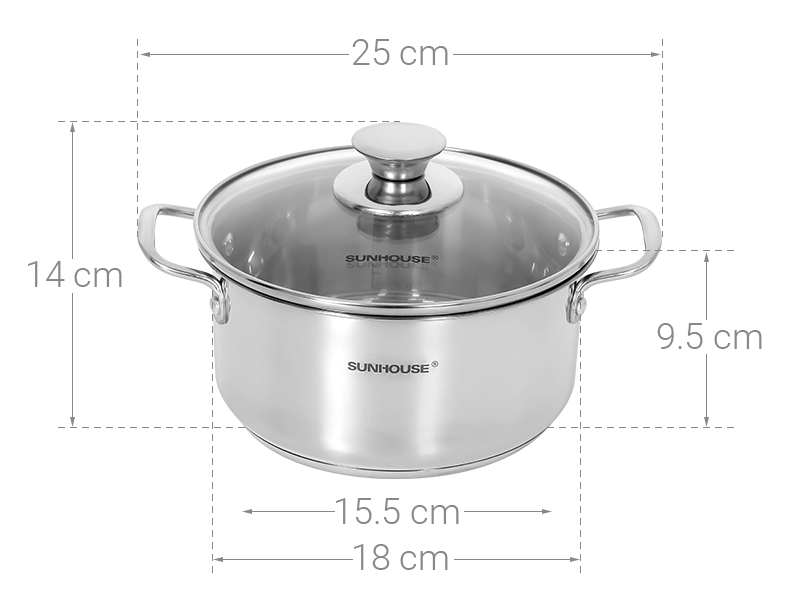 Nồi inox 5 đáy nắp kính 18 cm Sunhouse SHG308-18