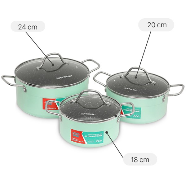 Bộ 3 nồi nhôm 3 đáy Sunhouse Eco SHG1122MX