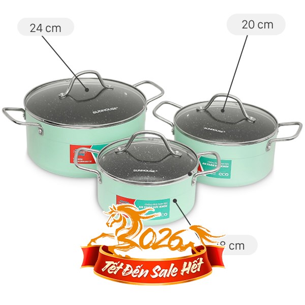 Bộ 3 nồi nhôm 3 đáy Sunhouse Eco SHG1122MX