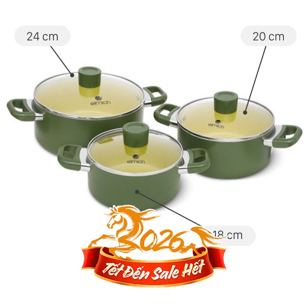 Bộ 3 nồi nhôm chống dính Elmich Olive EL5245OV01