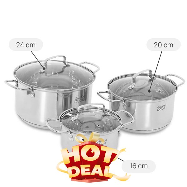 Bộ 3 nồi inox 3 đáy Green Cook GCS2519-T1