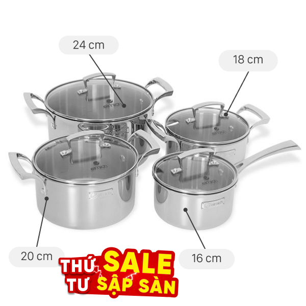Bộ 4 nồi quánh inox 3 lớp nguyên khối Elmich Premium EL3100