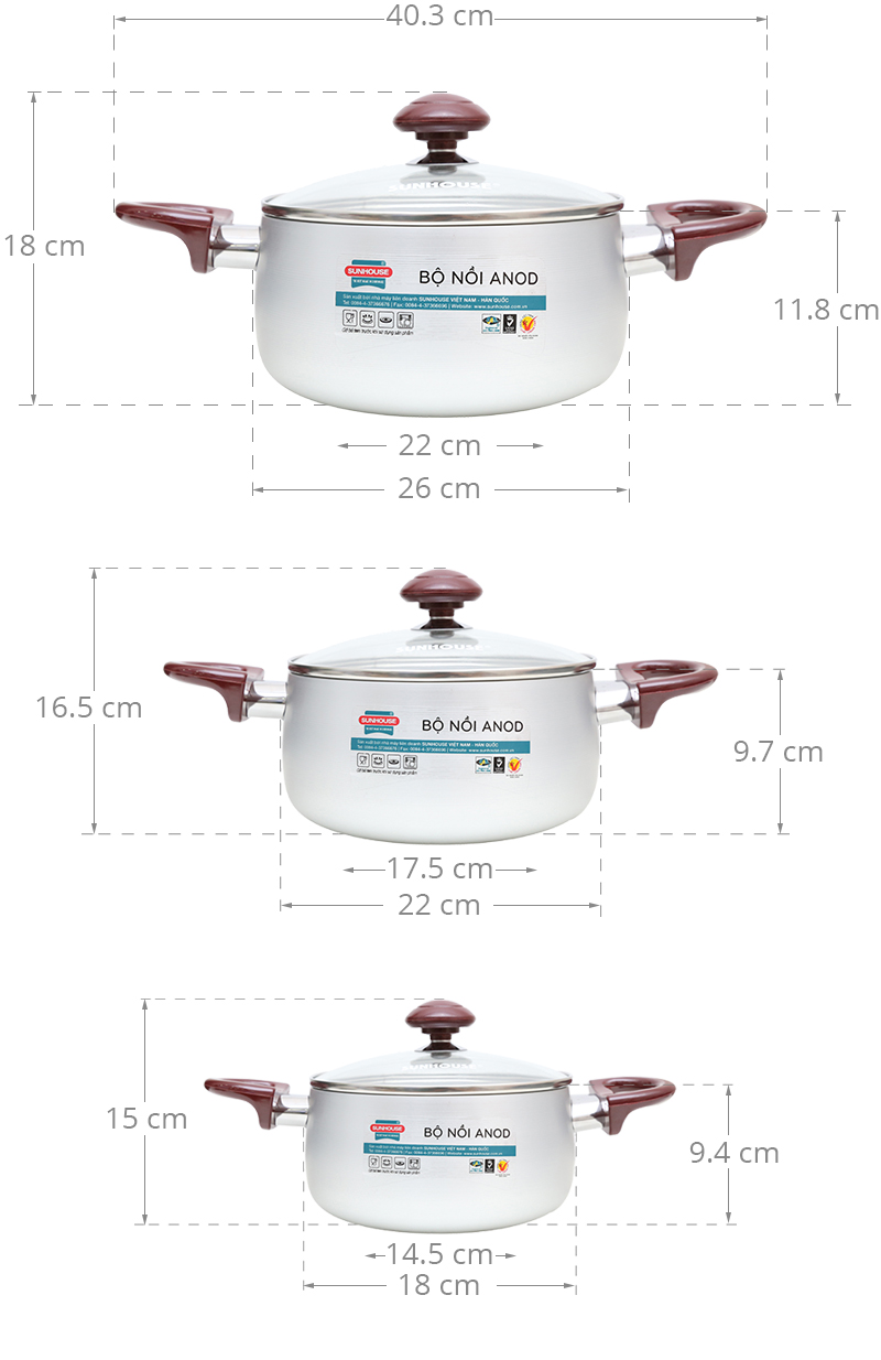 Bộ 3 nồi nhôm anod Sunhouse SH8833QT