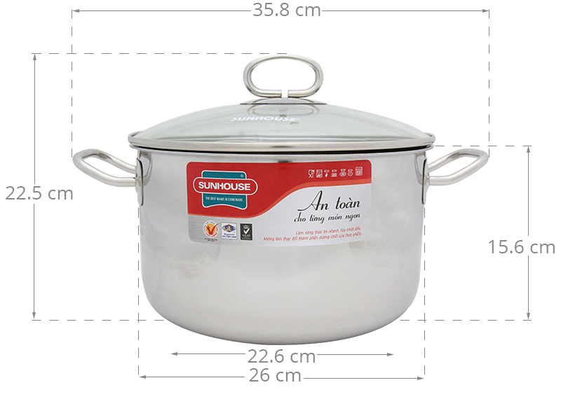 Thông số kỹ thuật Nồi inox đáy từ 26 cm Sunhouse SHG26S