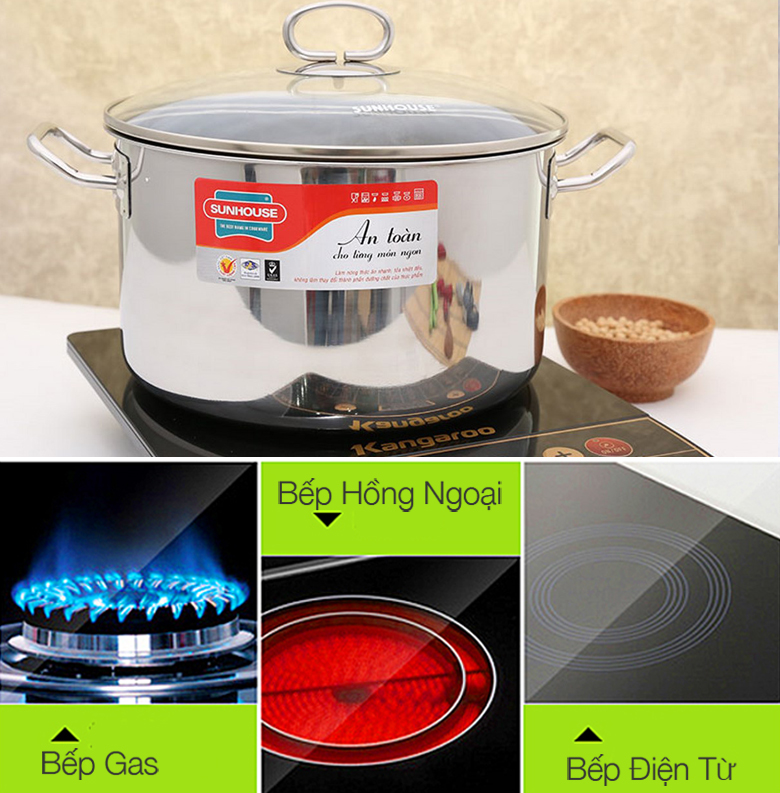 Nồi inox Sunhouse SHG26S sử dụng được trên bếp từ, bếp gas và bếp hồng ngoại Nồi inox Sunhouse SHG26S sử dụng được trên bếp từ, bếp gas và bếp hồng ngoại