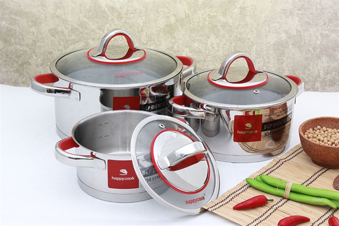 Bộ 3 nồi inox 3 đáy 16, 20, 24 cm Happycook Aries HC06AR Màu Inox