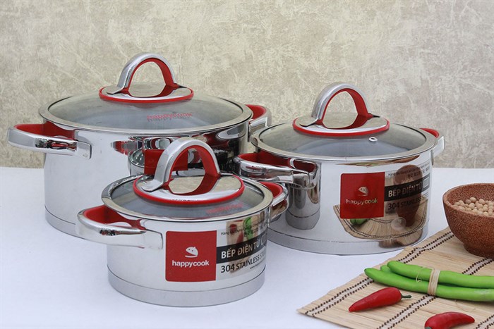 Bộ 3 nồi inox 3 đáy 16, 20, 24 cm Happycook Aries HC06AR Màu Inox