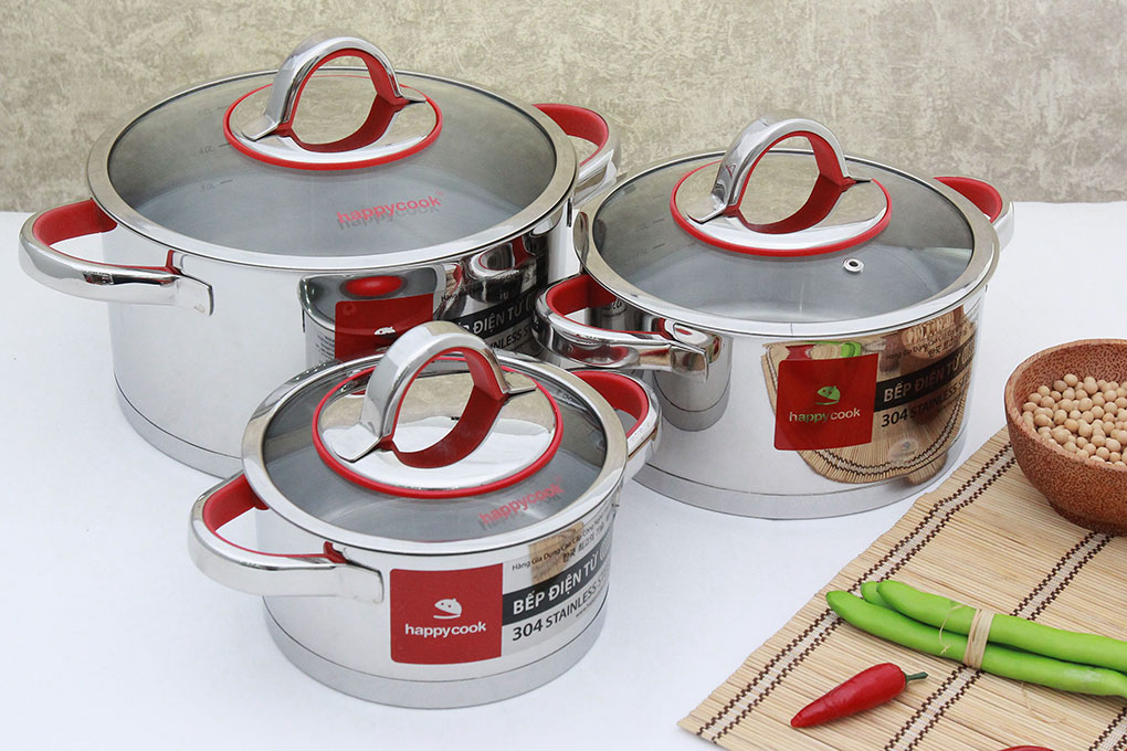 Bộ 3 nồi inox 3 đáy 16, 20, 24 cm Happycook Aries HC06AR Màu Inox