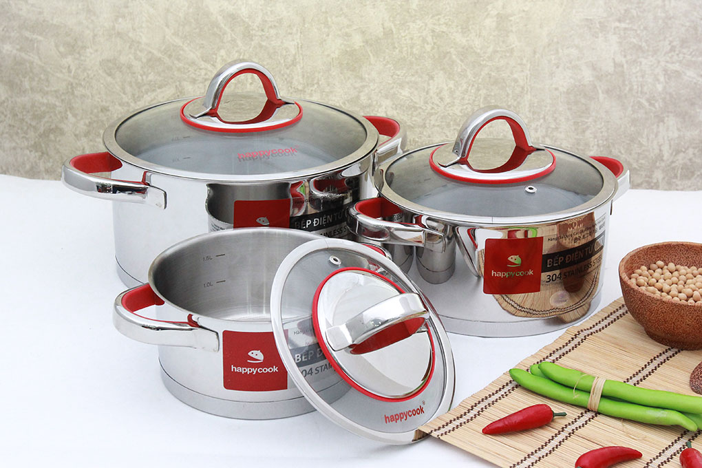 Bộ 3 nồi inox 3 đáy 16, 20, 24 cm Happycook Aries HC06AR Màu Inox
