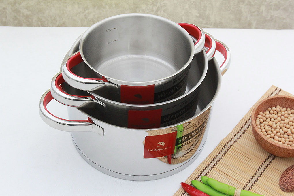 Bộ 3 nồi inox 3 đáy 16, 20, 24 cm Happycook Aries HC06AR Màu Inox
