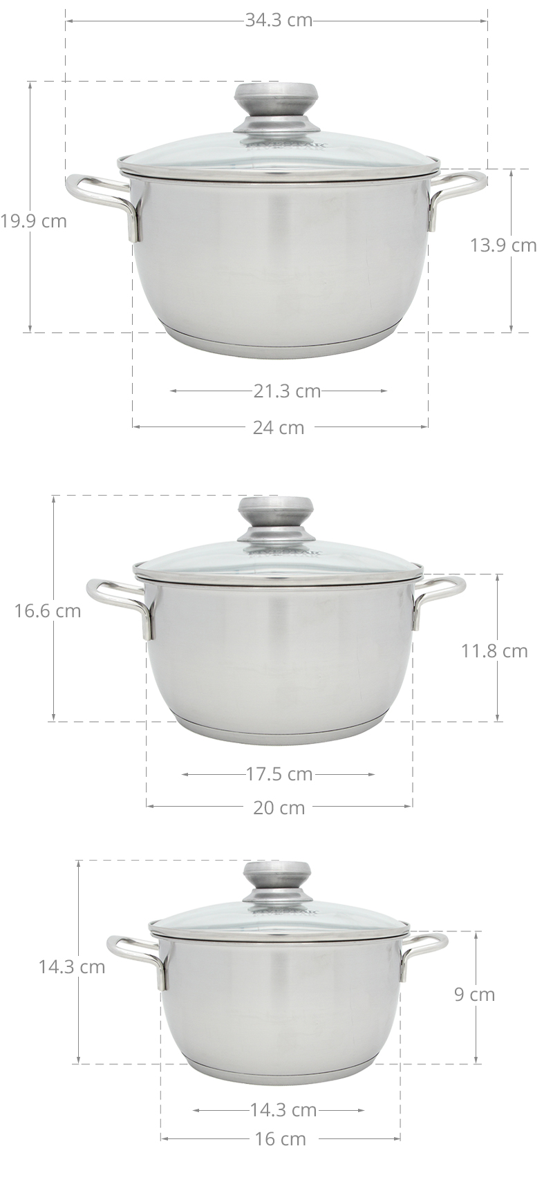 Bộ 3 nồi inox 3 đáy 16, 20, 24 cm Fivestar FS06CG