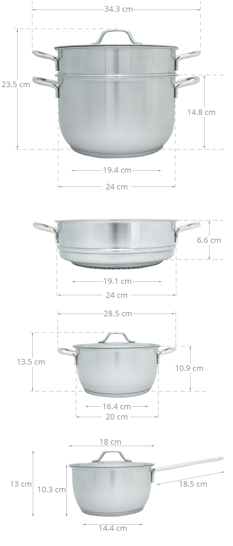 Bộ 5 nồi xửng quánh chảo 3 đáy Fivestars FS08C