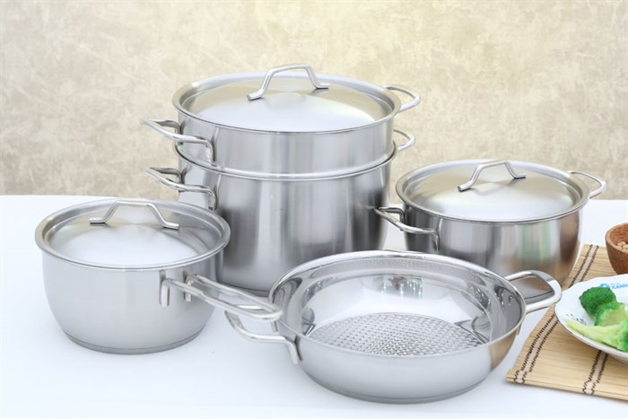 Bộ 5 nồi xửng quánh chảo 3 đáy Fivestars FS08C Màu Inox